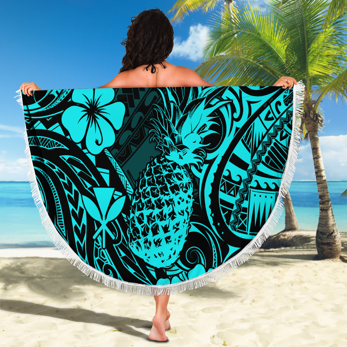 Hawaii Pineapple Beach Blanket Polynesian Pattern Turquoise Version LT01 - Wonder Print Shop