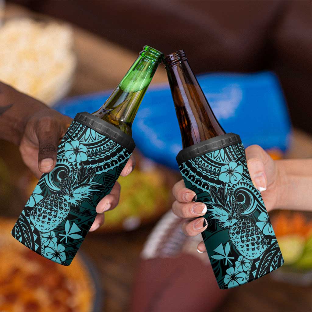Hawaii Pineapple 4 in 1 Can Cooler Tumbler Polynesian Pattern Turquoise Version