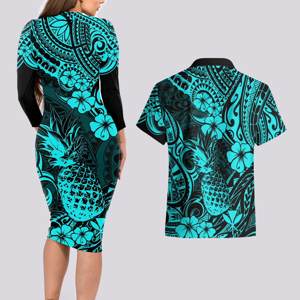 Hawaii Pineapple Couples Matching Long Sleeve Bodycon Dress and Hawaiian Shirt Polynesian Pattern Turquoise Version LT01 - Polynesian Pride