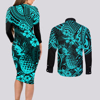 Hawaii Pineapple Couples Matching Long Sleeve Bodycon Dress and Long Sleeve Button Shirts Polynesian Pattern Turquoise Version LT01 - Polynesian Pride