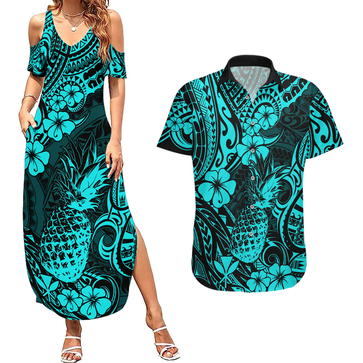Hawaii Pineapple Couples Matching Summer Maxi Dress and Hawaiian Shirt Polynesian Pattern Turquoise Version LT01 Turquoise - Polynesian Pride