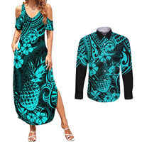 Hawaii Pineapple Couples Matching Summer Maxi Dress and Long Sleeve Button Shirts Polynesian Pattern Turquoise Version LT01 Turquoise - Polynesian Pride