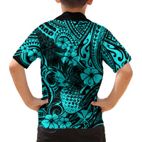 Hawaii Pineapple Family Matching Long Sleeve Bodycon Dress and Hawaiian Shirt Polynesian Pattern Turquoise Version LT01 - Polynesian Pride