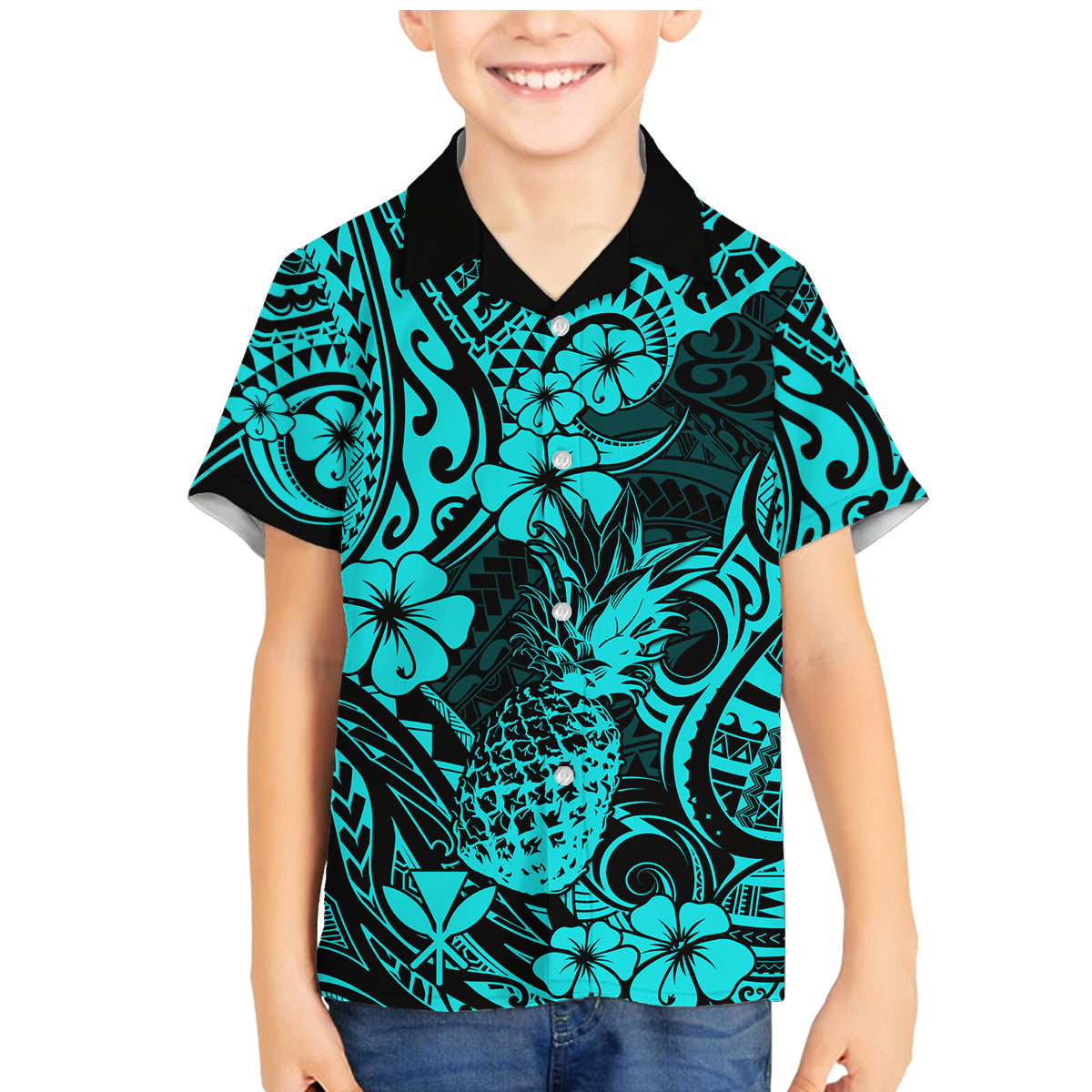 Hawaii Pineapple Family Matching Mermaid Dress and Hawaiian Shirt Polynesian Pattern Turquoise Version LT01 Son's Shirt Turquoise - Polynesian Pride