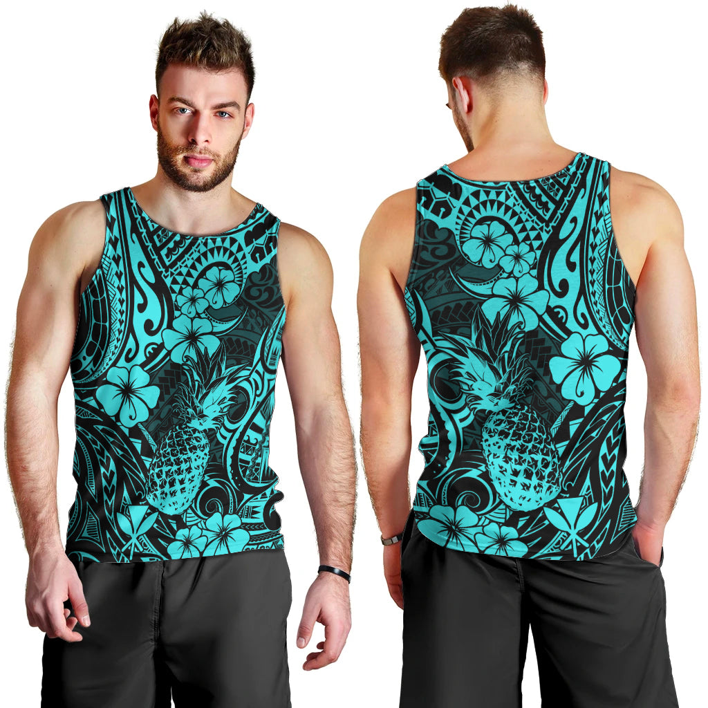 Hawaii Pineapple Men Tank Top Polynesian Pattern Turquoise Version LT01 - Polynesian Pride
