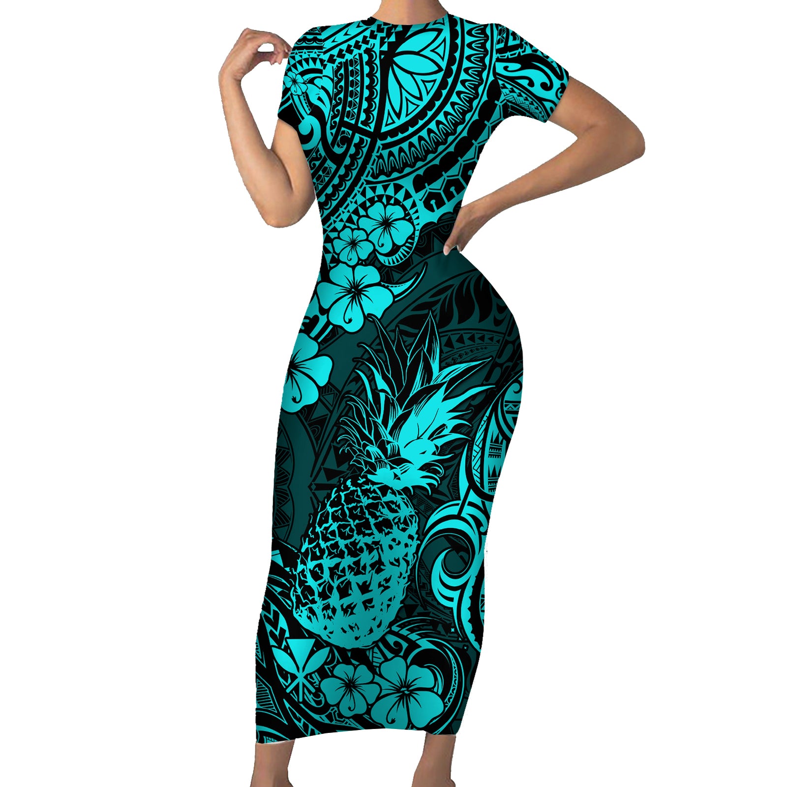 Hawaii Pineapple Short Sleeve Bodycon Dress Polynesian Pattern Turquoise Version LT01 Long Dress Turquoise - Polynesian Pride