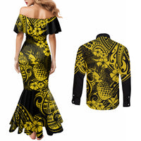 Hawaii Pineapple Couples Matching Mermaid Dress and Long Sleeve Button Shirts Polynesian Pattern Yellow Version LT01 - Polynesian Pride