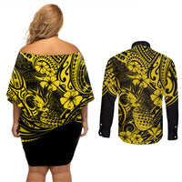Hawaii Pineapple Couples Matching Off Shoulder Short Dress and Long Sleeve Button Shirts Polynesian Pattern Yellow Version LT01 - Polynesian Pride