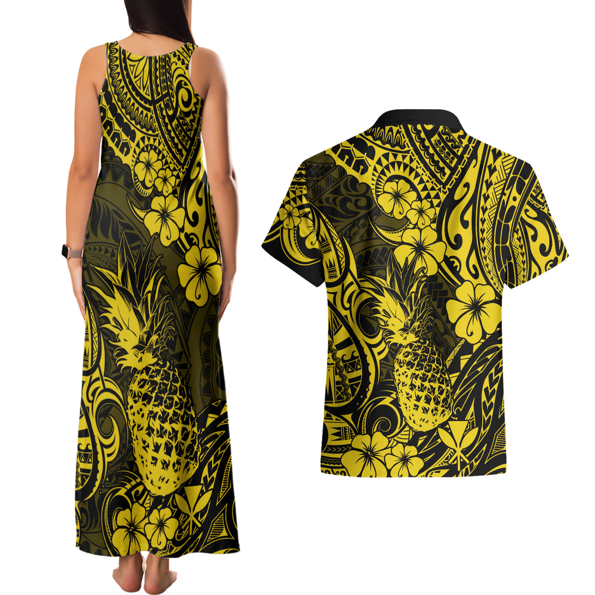 Hawaii Pineapple Couples Matching Tank Maxi Dress and Hawaiian Shirt Polynesian Pattern Yellow Version LT01 - Polynesian Pride