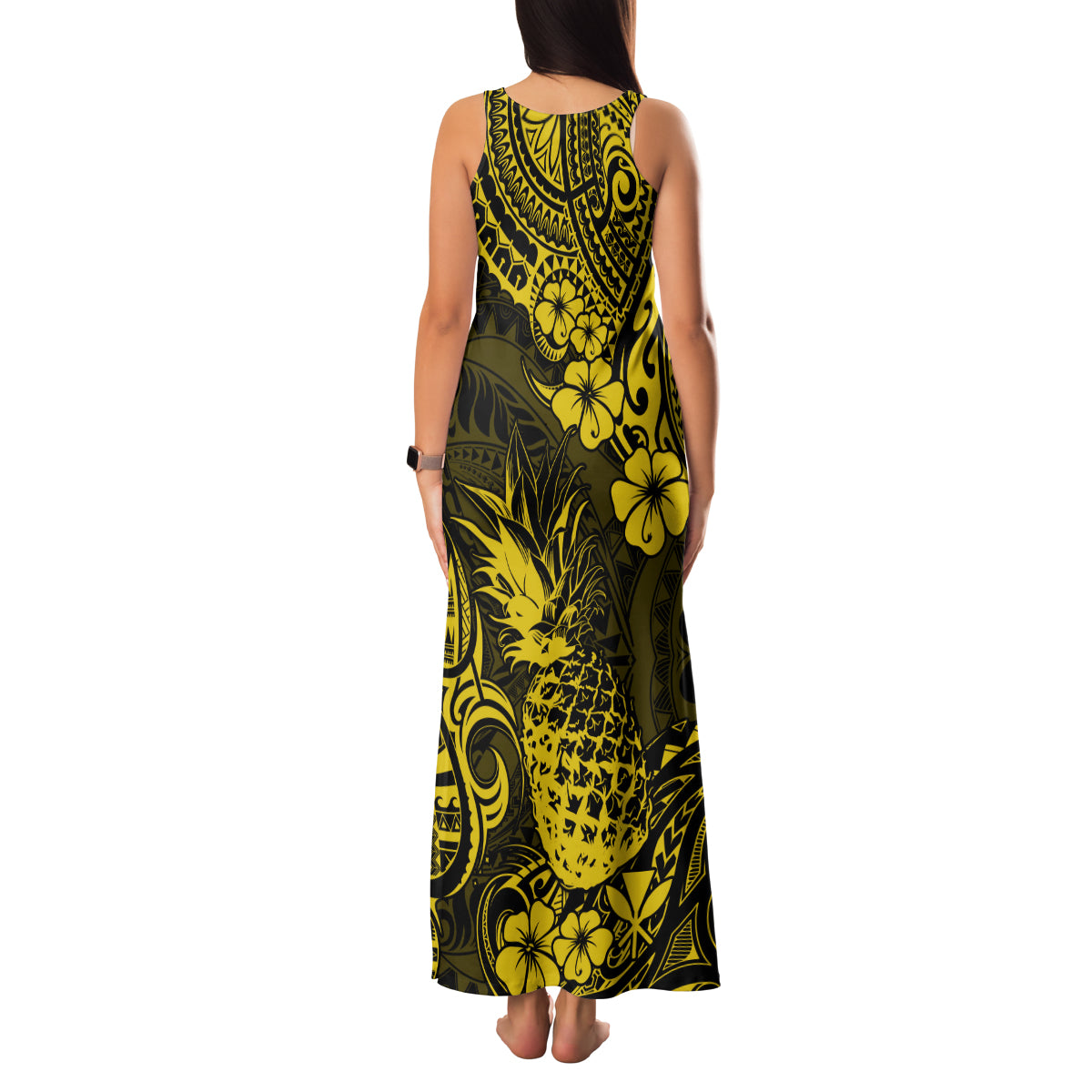 Hawaii Pineapple Family Matching Tank Maxi Dress and Hawaiian Shirt Polynesian Pattern Yellow Version LT01 - Polynesian Pride