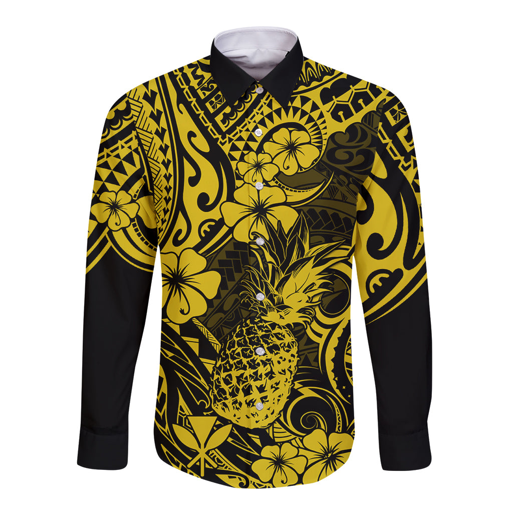 Hawaii Pineapple Long Sleeve Button Shirt Polynesian Pattern Yellow Version LT01 Unisex Yellow - Polynesian Pride