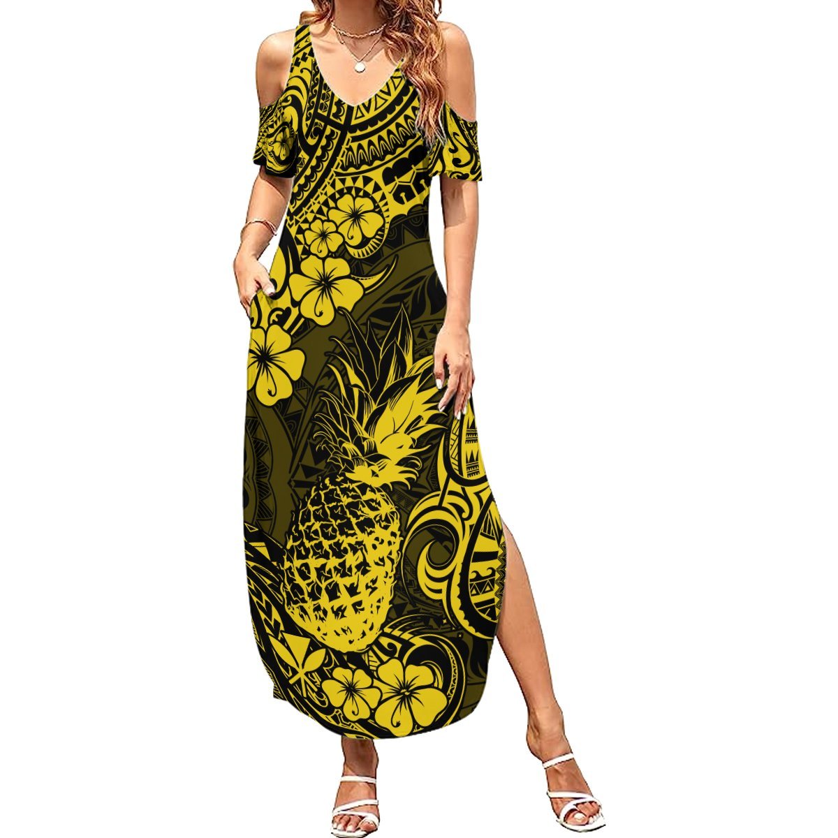 Hawaii Pineapple Summer Maxi Dress Polynesian Pattern Yellow Version L