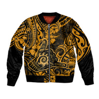 Hawaii Shaka Sign Bomber Jacket With Polynesian Hibiscus Gold Unique LT01 Unisex Gold - Polynesian Pride