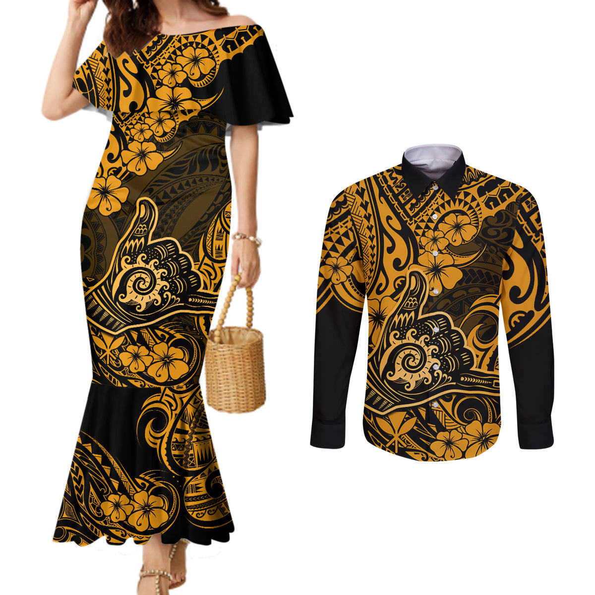 Hawaii Shaka Sign Couples Matching Mermaid Dress and Long Sleeve Button Shirts With Polynesian Hibiscus Gold Unique LT01 Gold - Polynesian Pride
