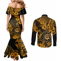 Hawaii Shaka Sign Couples Matching Mermaid Dress and Long Sleeve Button Shirts With Polynesian Hibiscus Gold Unique LT01 - Polynesian Pride