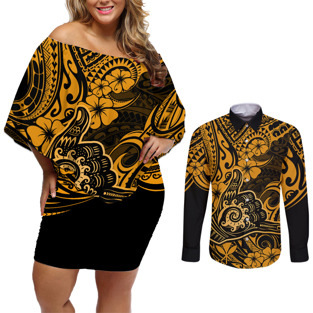 Hawaii Shaka Sign Couples Matching Off Shoulder Short Dress and Long Sleeve Button Shirts With Polynesian Hibiscus Gold Unique LT01 Gold - Polynesian Pride