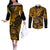 Hawaii Shaka Sign Couples Matching Off The Shoulder Long Sleeve Dress and Long Sleeve Button Shirts With Polynesian Hibiscus Gold Unique LT01 Gold - Polynesian Pride
