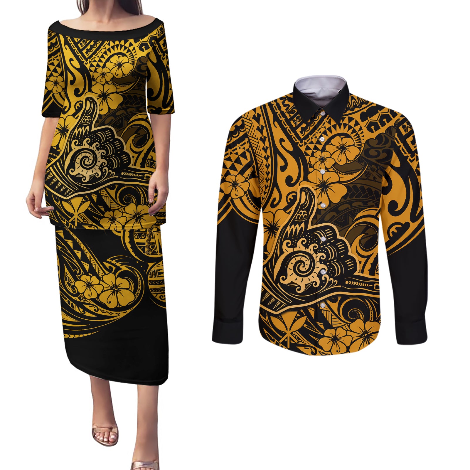 Hawaii Shaka Sign Couples Matching Puletasi Dress and Long Sleeve Button Shirts With Polynesian Hibiscus Gold Unique LT01 Gold - Polynesian Pride