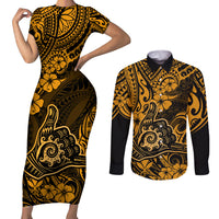 Hawaii Shaka Sign Couples Matching Short Sleeve Bodycon Dress and Long Sleeve Button Shirts With Polynesian Hibiscus Gold Unique LT01 Gold - Polynesian Pride