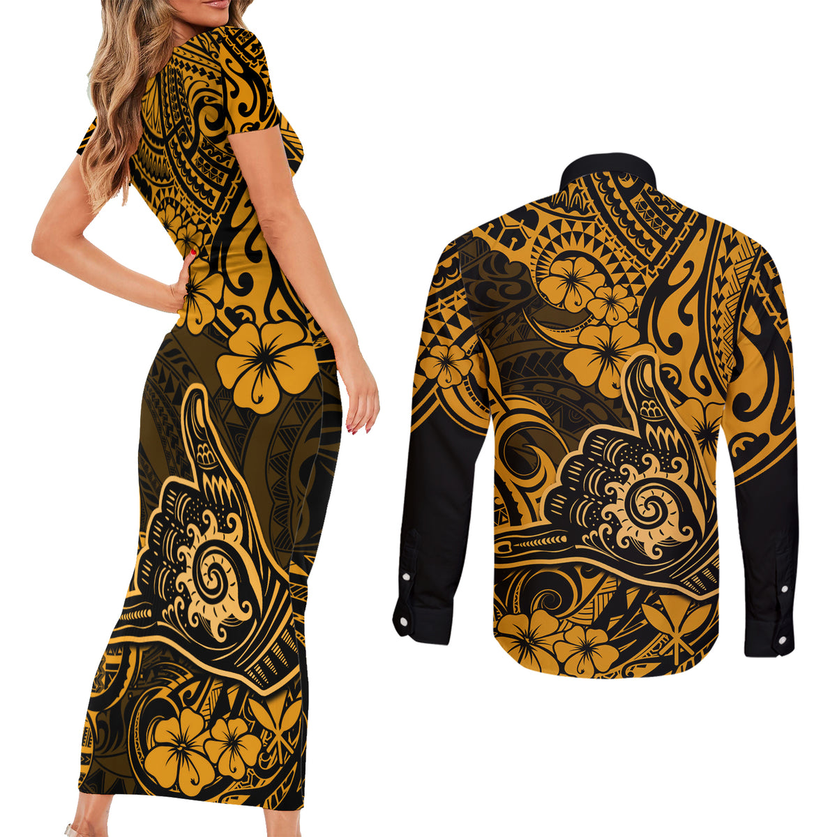 Hawaii Shaka Sign Couples Matching Short Sleeve Bodycon Dress and Long Sleeve Button Shirts With Polynesian Hibiscus Gold Unique LT01 - Polynesian Pride