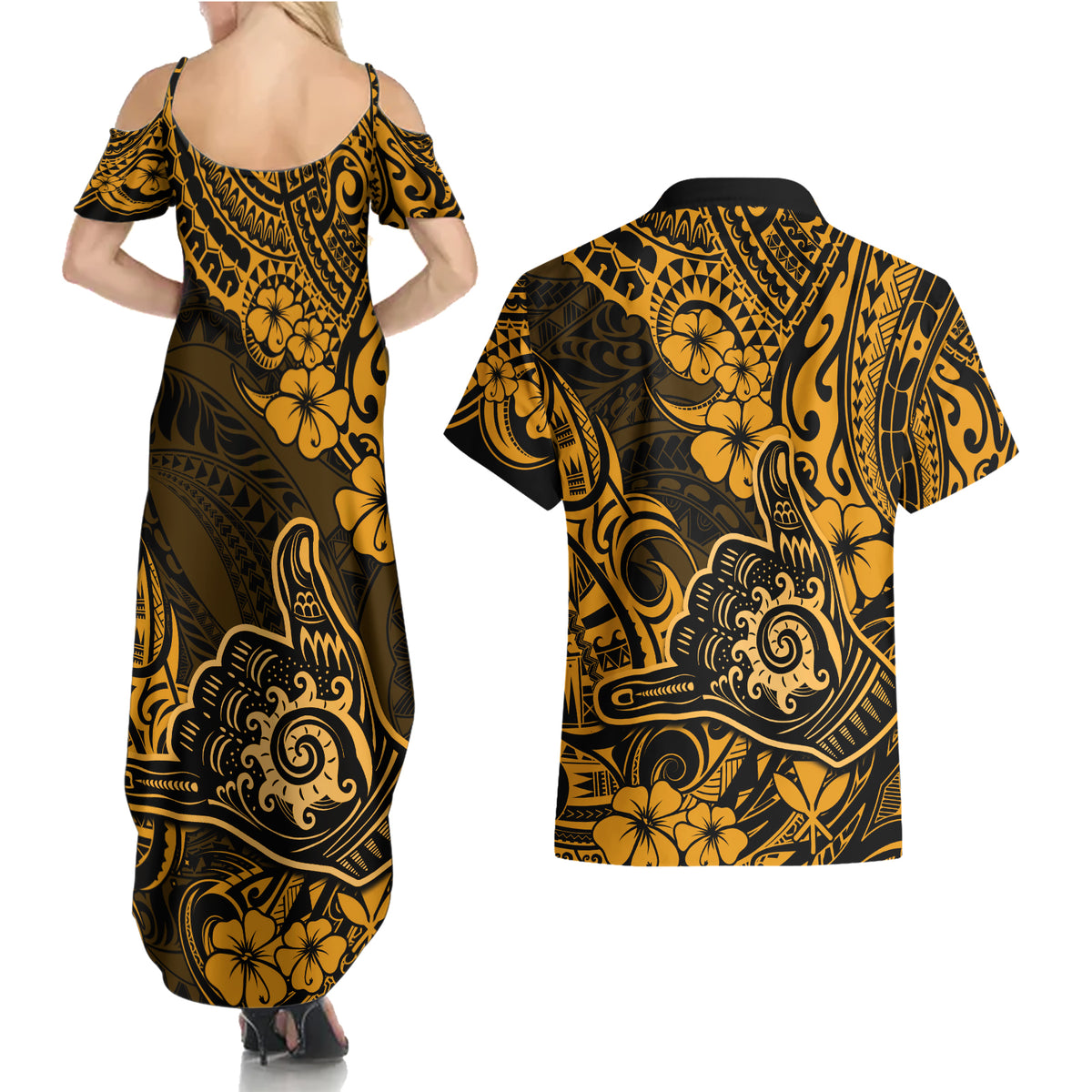 Hawaii Shaka Sign Couples Matching Summer Maxi Dress and Hawaiian Shirt With Polynesian Hibiscus Gold Unique LT01 - Polynesian Pride
