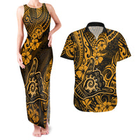 Hawaii Shaka Sign Couples Matching Tank Maxi Dress and Hawaiian Shirt With Polynesian Hibiscus Gold Unique LT01 Gold - Polynesian Pride