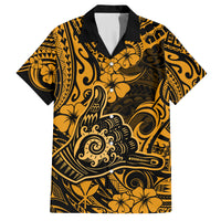 Hawaii Shaka Sign Family Matching Off Shoulder Maxi Dress and Hawaiian Shirt With Polynesian Hibiscus Gold Unique LT01 Dad's Shirt - Short Sleeve Gold - Polynesian Pride