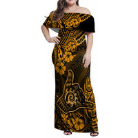 Hawaii Shaka Sign Family Matching Off Shoulder Maxi Dress and Hawaiian Shirt With Polynesian Hibiscus Gold Unique LT01 Mom's Dress Gold - Polynesian Pride