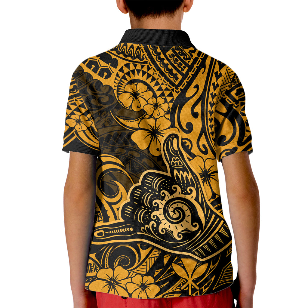 Hawaii Shaka Sign Kid Polo Shirt With Polynesian Hibiscus Gold Unique LT01 - Polynesian Pride