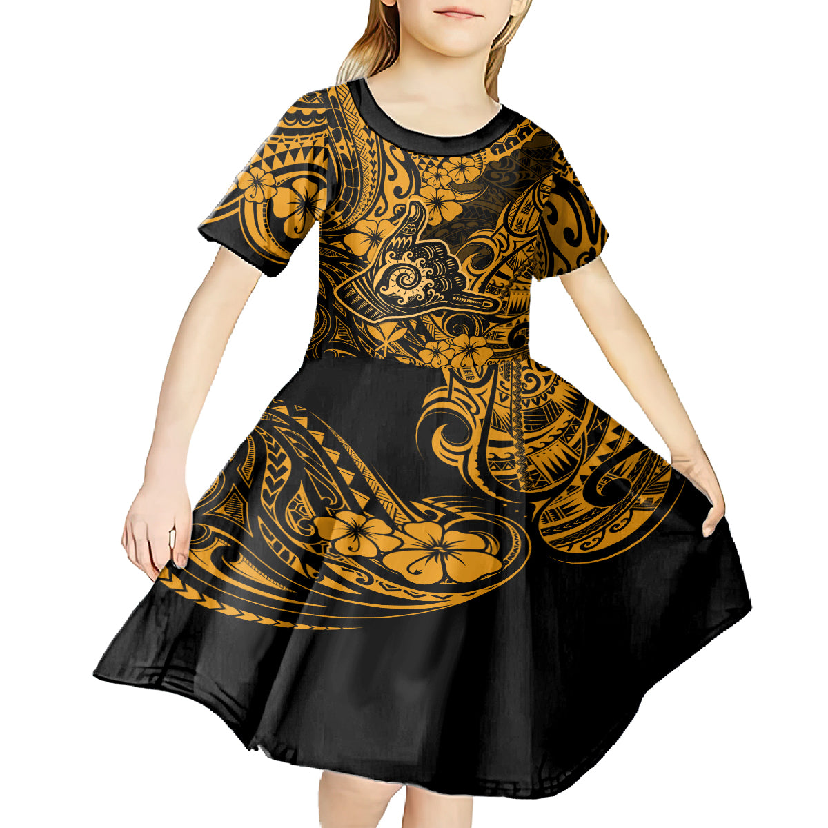 Hawaii Shaka Sign Kid Short Sleeve Dress With Polynesian Hibiscus Gold Unique LT01 - Polynesian Pride