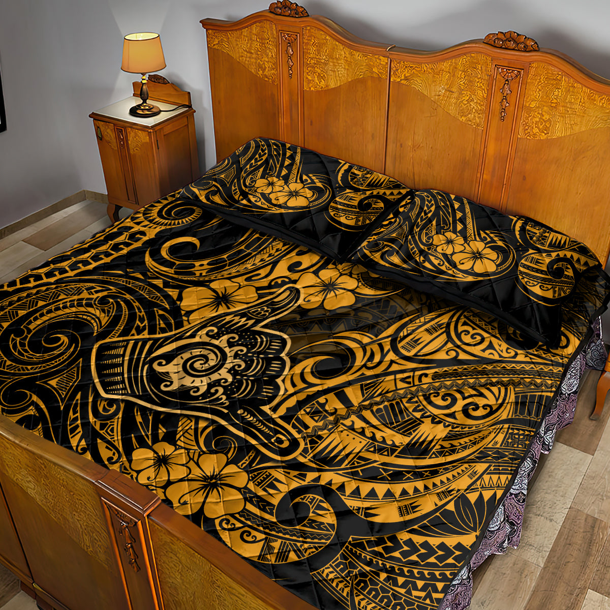Hawaii Shaka Sign Quilt Bed Set With Polynesian Hibiscus Gold Unique LT01 - Polynesian Pride