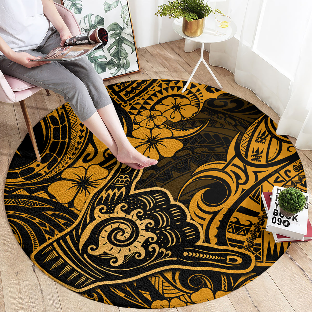 Hawaii Shaka Sign Round Carpet With Polynesian Hibiscus Gold Unique LT01 - Polynesian Pride