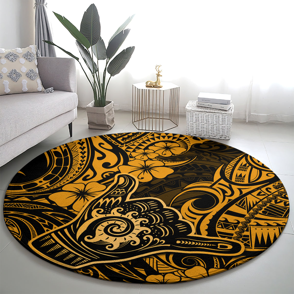 Hawaii Shaka Sign Round Carpet With Polynesian Hibiscus Gold Unique LT01 - Polynesian Pride