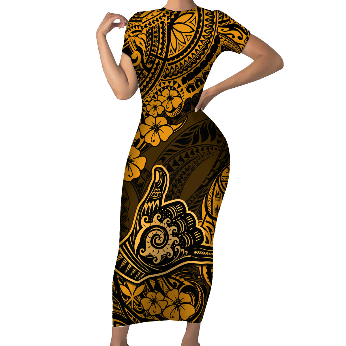 Hawaii Shaka Sign Short Sleeve Bodycon Dress With Polynesian Hibiscus Gold Unique LT01 Long Dress Gold - Polynesian Pride