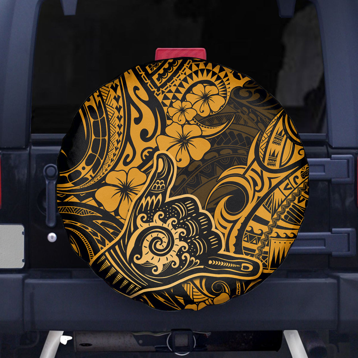 Hawaii Shaka Sign Spare Tire Cover With Polynesian Hibiscus Gold Unique LT01 - Polynesian Pride