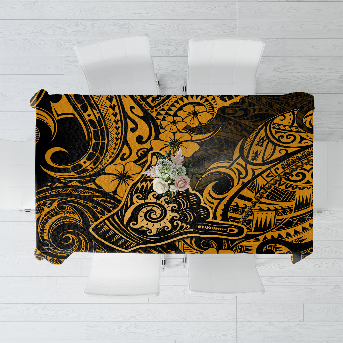 Hawaii Shaka Sign Tablecloth With Polynesian Hibiscus Gold Unique LT01 Gold - Polynesian Pride