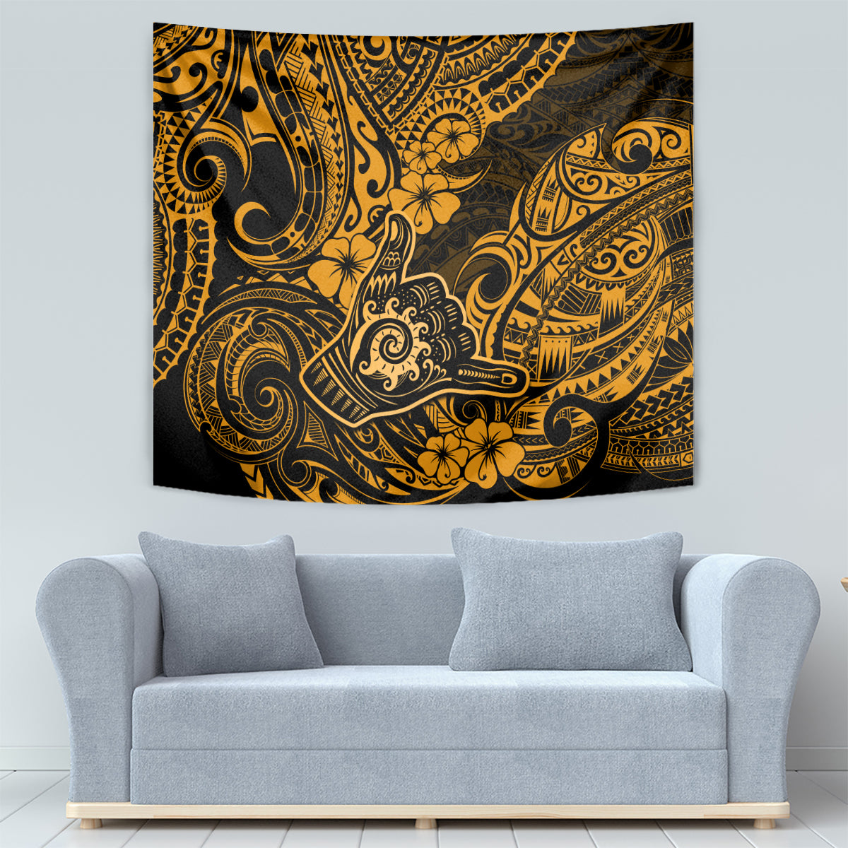 Hawaii Shaka Sign Tapestry With Polynesian Hibiscus Gold Unique LT01 - Polynesian Pride
