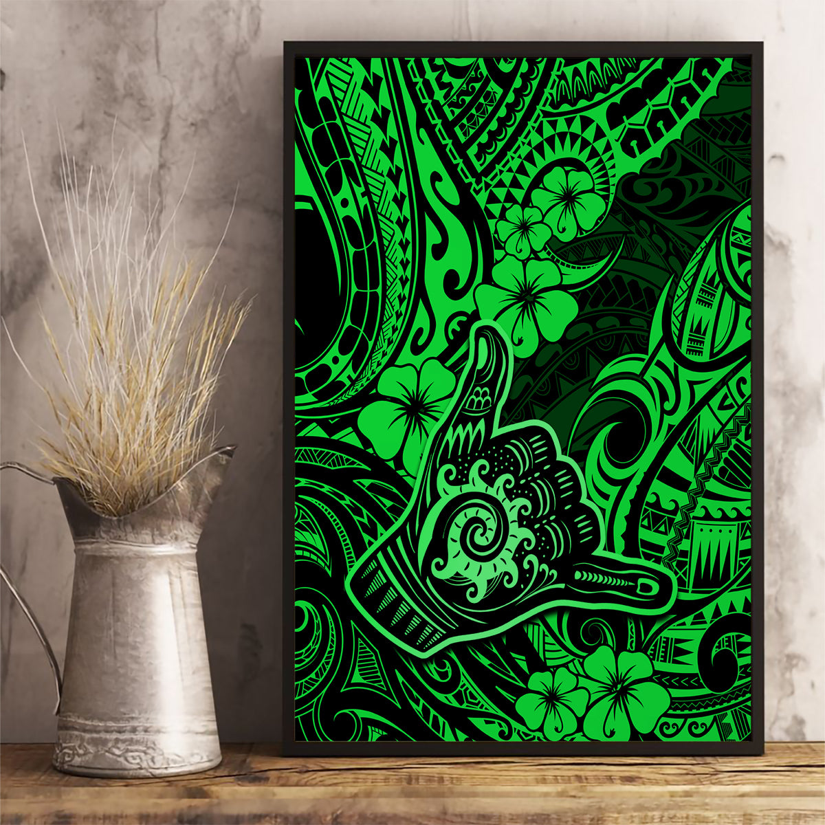 Hawaii Shaka Sign Canvas Wall Art With Polynesian Hibiscus Green Unique LT01 - Polynesian Pride