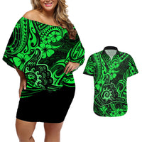 Hawaii Shaka Sign Couples Matching Off Shoulder Short Dress and Hawaiian Shirt With Polynesian Hibiscus Green Unique LT01 Green - Polynesian Pride