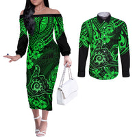 Hawaii Shaka Sign Couples Matching Off The Shoulder Long Sleeve Dress and Long Sleeve Button Shirts With Polynesian Hibiscus Green Unique LT01 Green - Polynesian Pride
