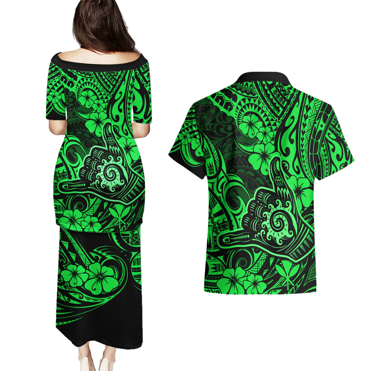 Hawaii Shaka Sign Couples Matching Puletasi Dress and Hawaiian Shirt With Polynesian Hibiscus Green Unique LT01 - Polynesian Pride