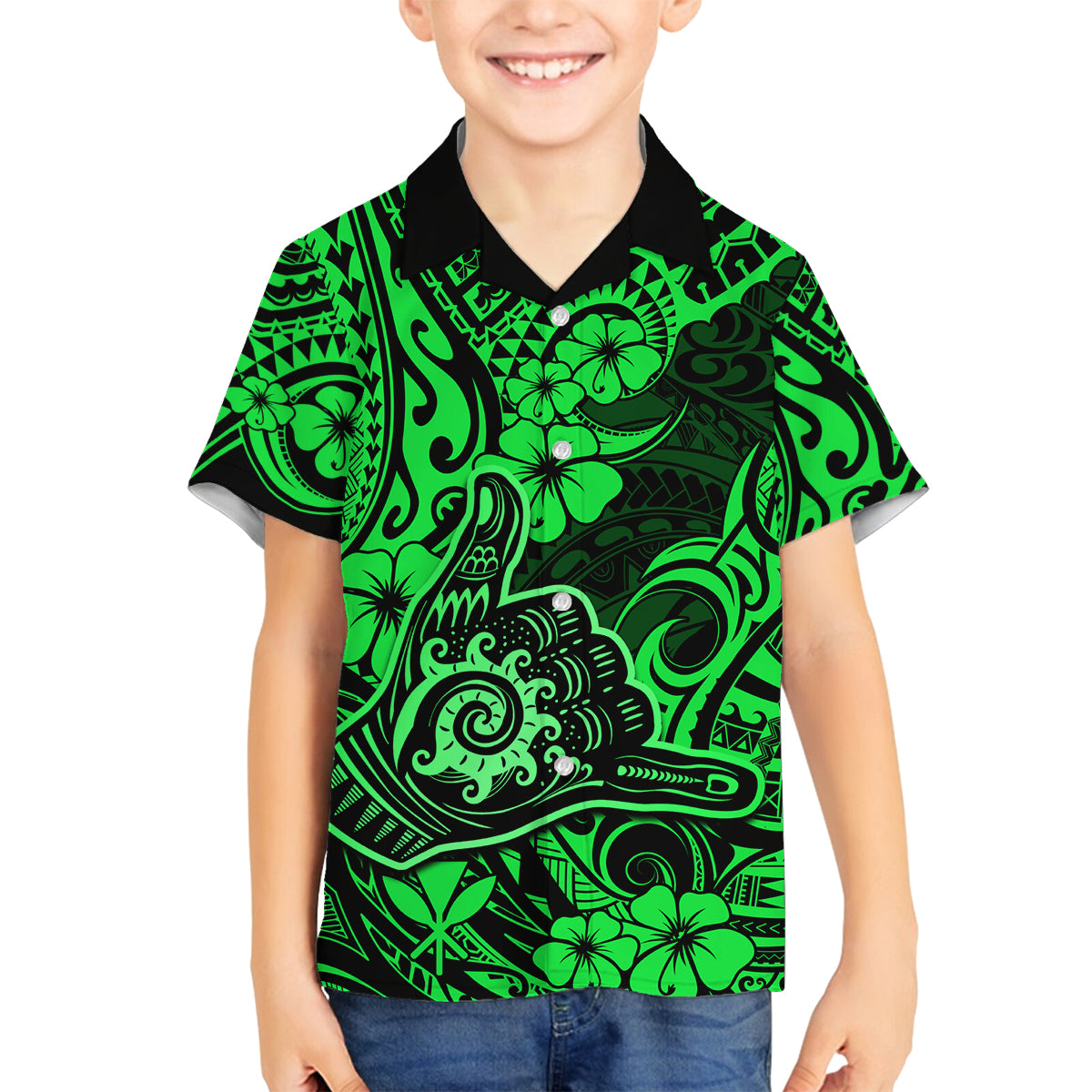 Hawaii Shaka Sign Family Matching Off Shoulder Short Dress and Hawaiian Shirt With Polynesian Hibiscus Green Unique LT01 Son's Shirt Green - Polynesian Pride