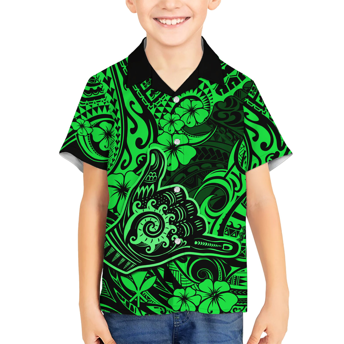 Hawaii Shaka Sign Family Matching Short Sleeve Bodycon Dress and Hawaiian Shirt With Polynesian Hibiscus Green Unique LT01 Son's Shirt Green - Polynesian Pride