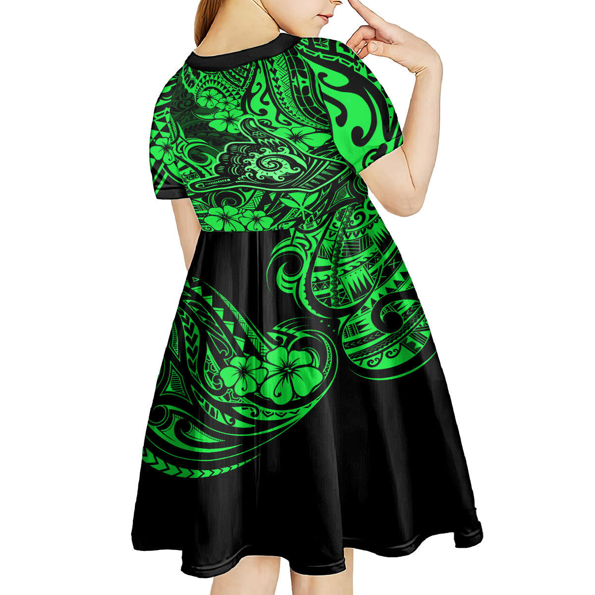 Hawaii Shaka Sign Kid Short Sleeve Dress With Polynesian Hibiscus Green Unique LT01 - Polynesian Pride
