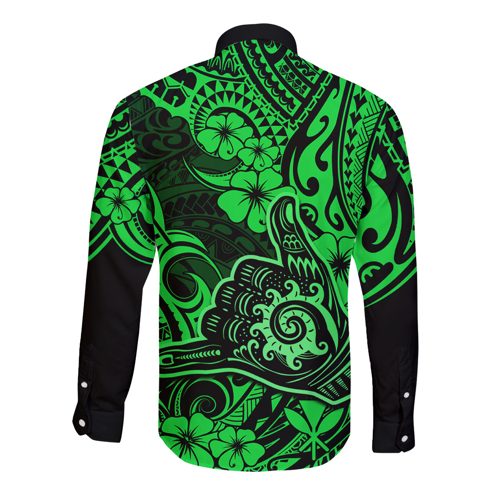 Hawaii Shaka Sign Long Sleeve Button Shirt With Polynesian Hibiscus Green Unique LT01 - Polynesian Pride