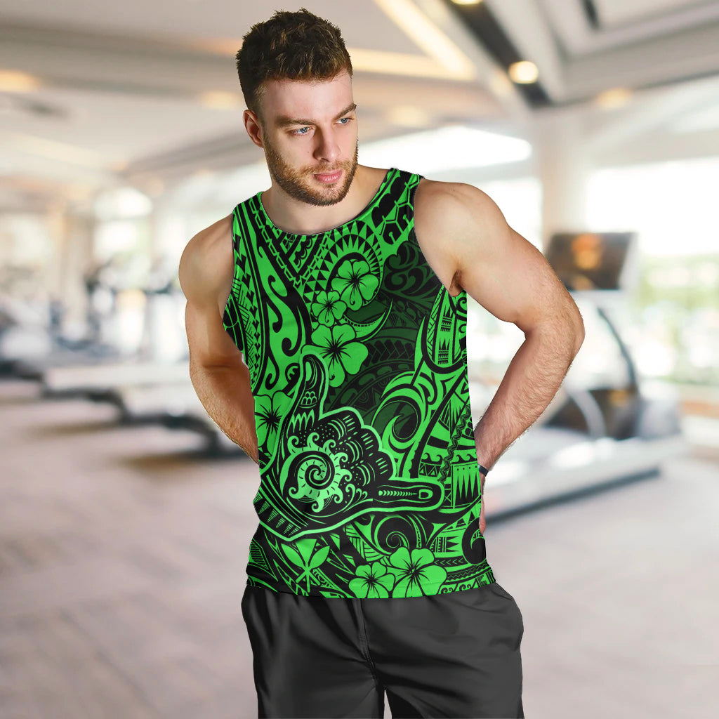 Hawaii Shaka Sign Men Tank Top With Polynesian Hibiscus Green Unique LT01 - Polynesian Pride