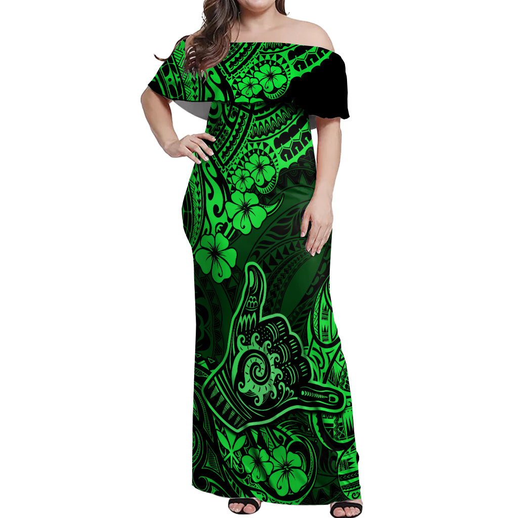 Hawaii Shaka Sign Off Shoulder Maxi Dress With Polynesian Hibiscus Green Unique LT01 Women Green - Polynesian Pride