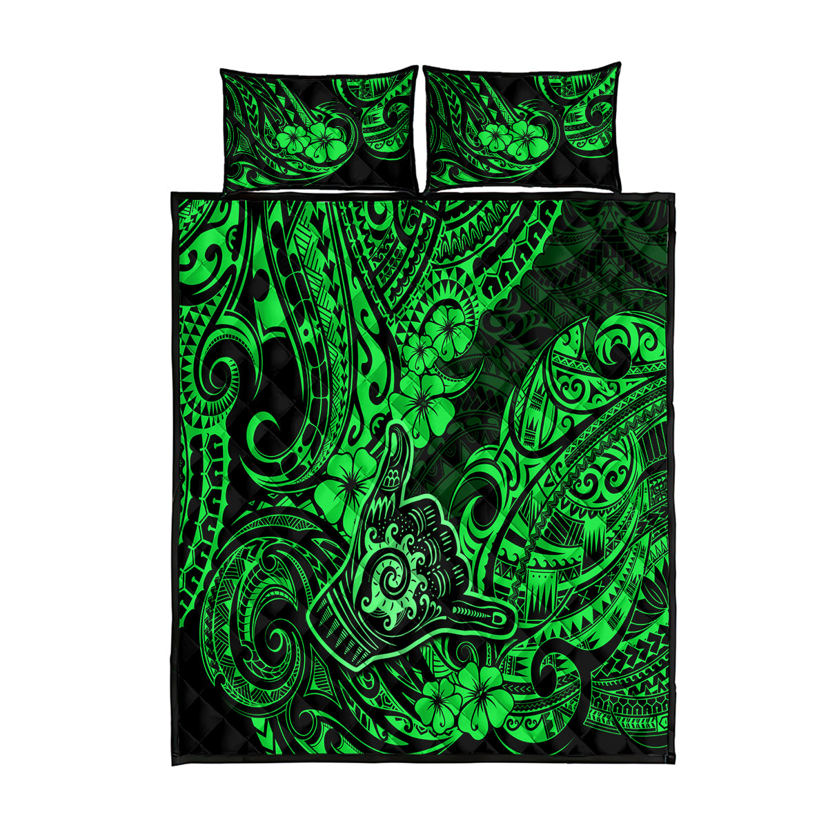 Hawaii Shaka Sign Quilt Bed Set With Polynesian Hibiscus Green Unique LT01 Green - Polynesian Pride