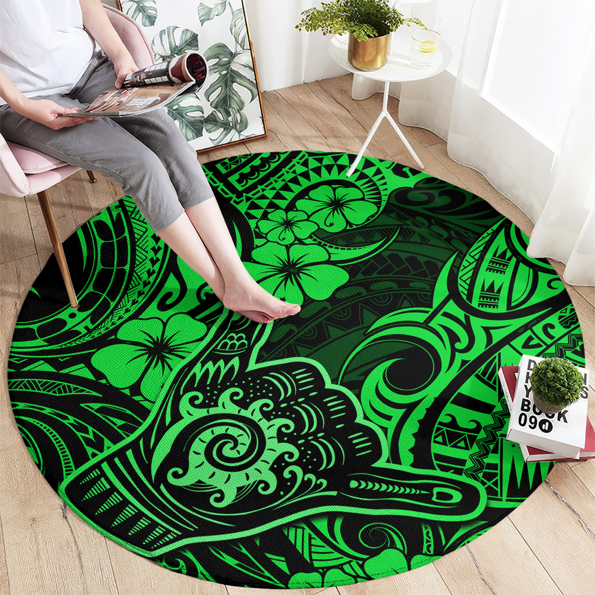 Hawaii Shaka Sign Round Carpet With Polynesian Hibiscus Green Unique LT01 - Polynesian Pride