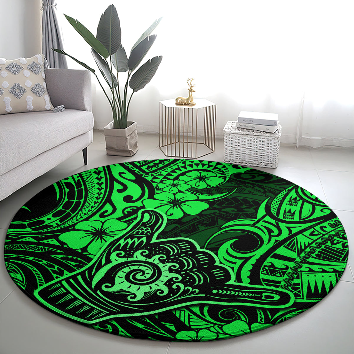 Hawaii Shaka Sign Round Carpet With Polynesian Hibiscus Green Unique LT01 - Polynesian Pride